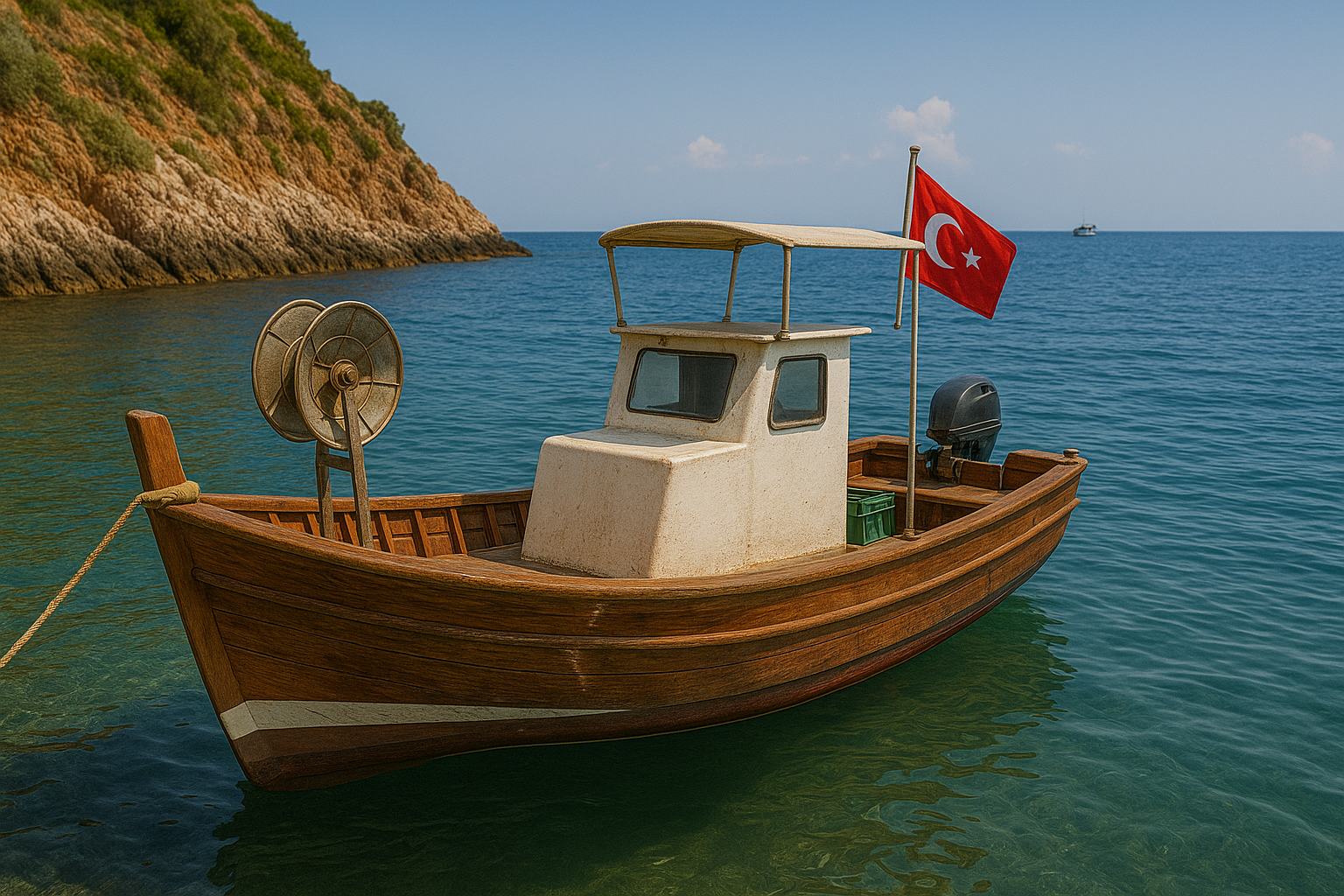 Alanya’da kullanıma hazır durumdaki balıkçı teknesi, kayalık liman kenarında satılık olarak sergileniyor.