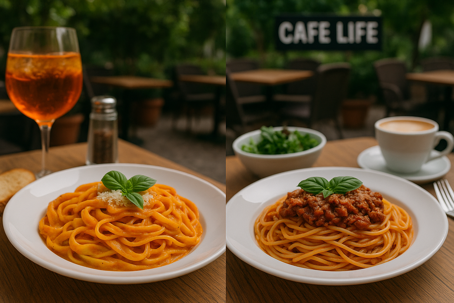 Cafe Life’ta servis edilen soslu makarna tabağı, yeşilliklerle süslenmiş şık bir sunumla masada yer alıyor.