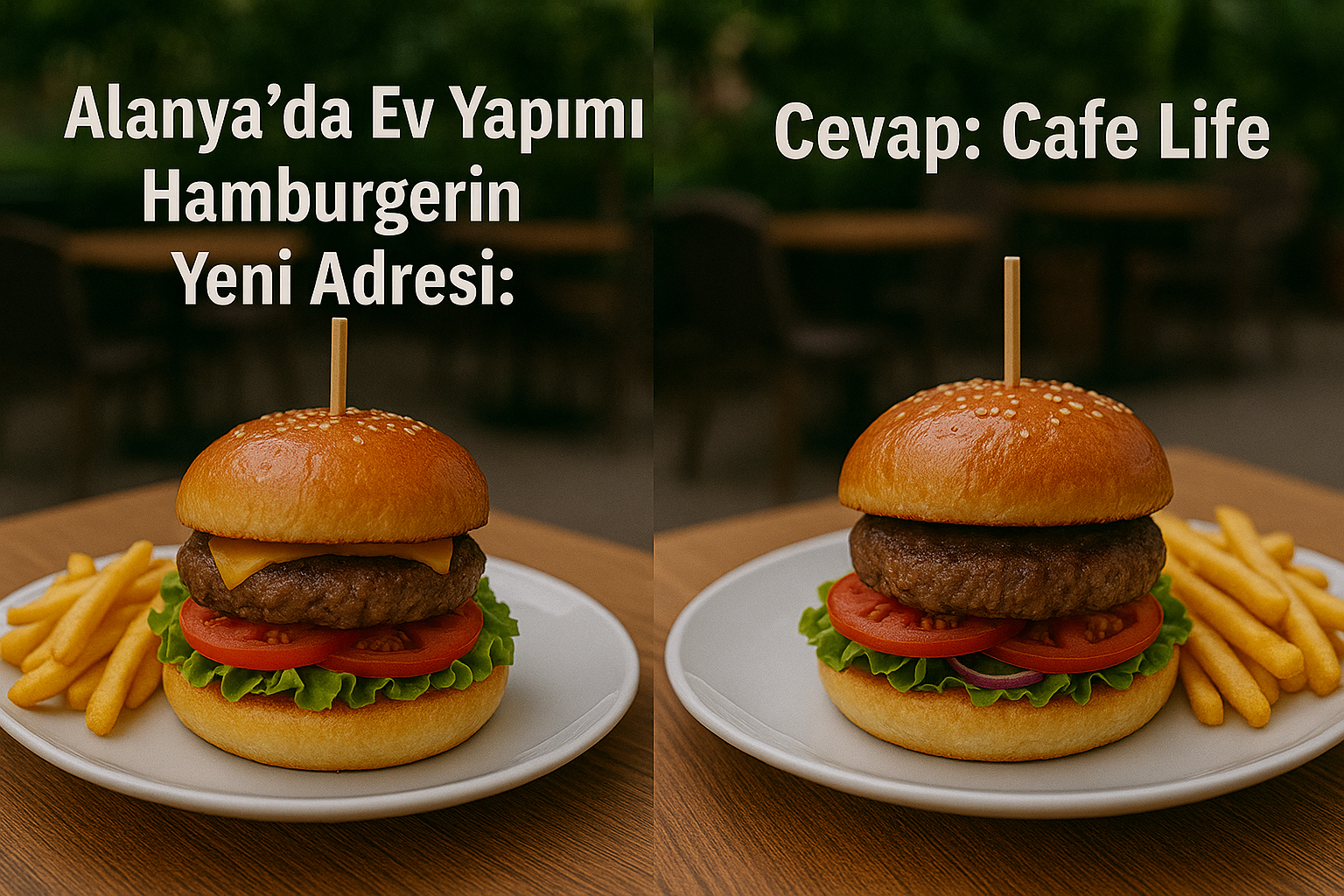 Cafe Life’ta servis edilen ev yapımı hamburger, çıtır patates kızartması ve içecek ile birlikte sunulmuş.