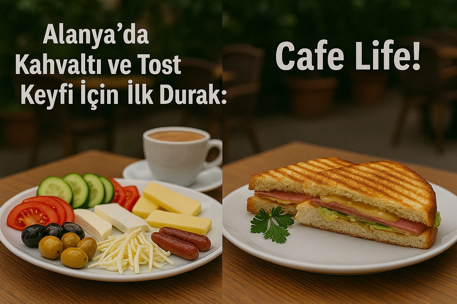 Cafe Life’ta servis edilen serpme kahvaltı tabağı ve yanında sıcak çay eşliğinde tost sunumu.