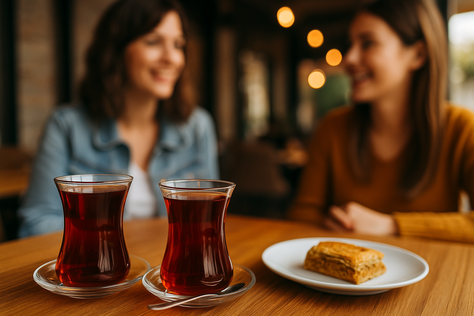 Alanya Cafe Life’ın açık alanında oturan misafirlerin çay eşliğinde keyifli sohbet ettiği bir an.