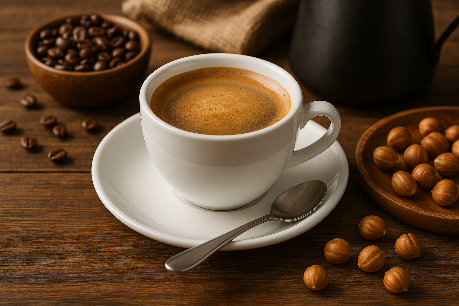 Cafe Life’ta sunulan latte kahve fincanı, yanında minik kurabiye ile birlikte açık masa üzerinde servis edilmiş.