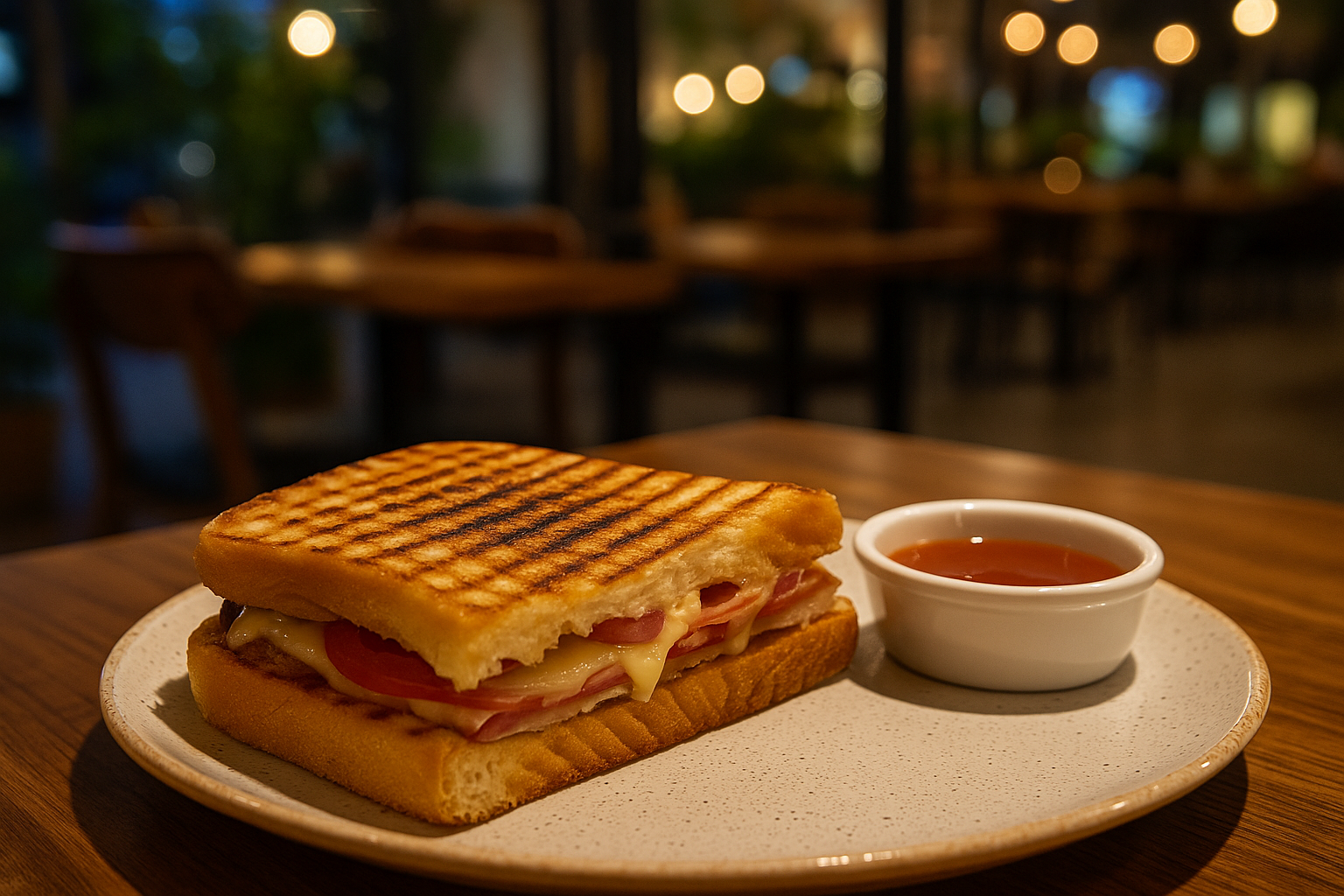 Akşam ışıkları altında Cafe Life masasında sunulan üçgen kesimli tost tabağı ve domates-salatalık garnitürü.