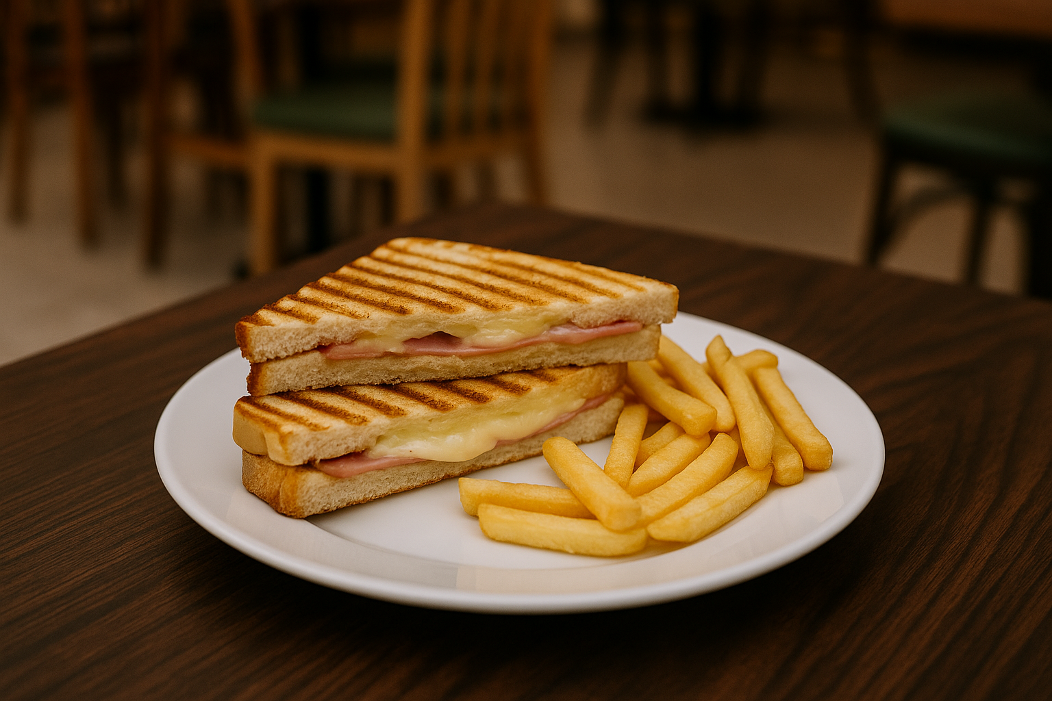 Cafe Life’ta akşam saatlerinde servis edilen sıcak kaşar-sucuk tost, yanında patates ve içecekle birlikte.