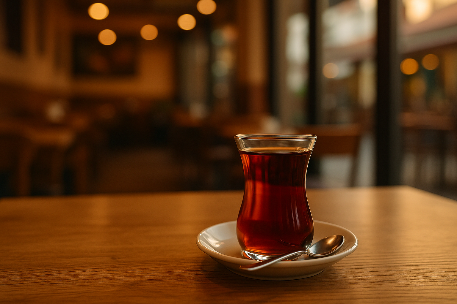 Cafe Life’ta servis edilen ince belli bardakta sıcak çay, yanında kurabiye ve tatlı atıştırmalıklarla birlikte.