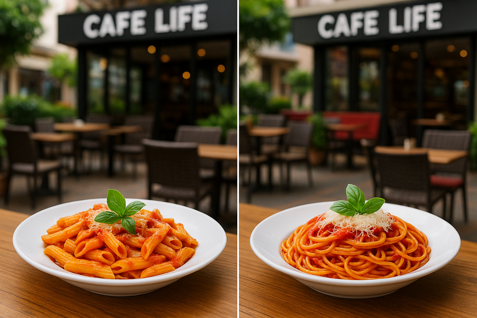Domates soslu, parmesan serpilmiş makarna tabağı Cafe Life’ta sade bir masada, içecek eşliğinde sunulmuş.