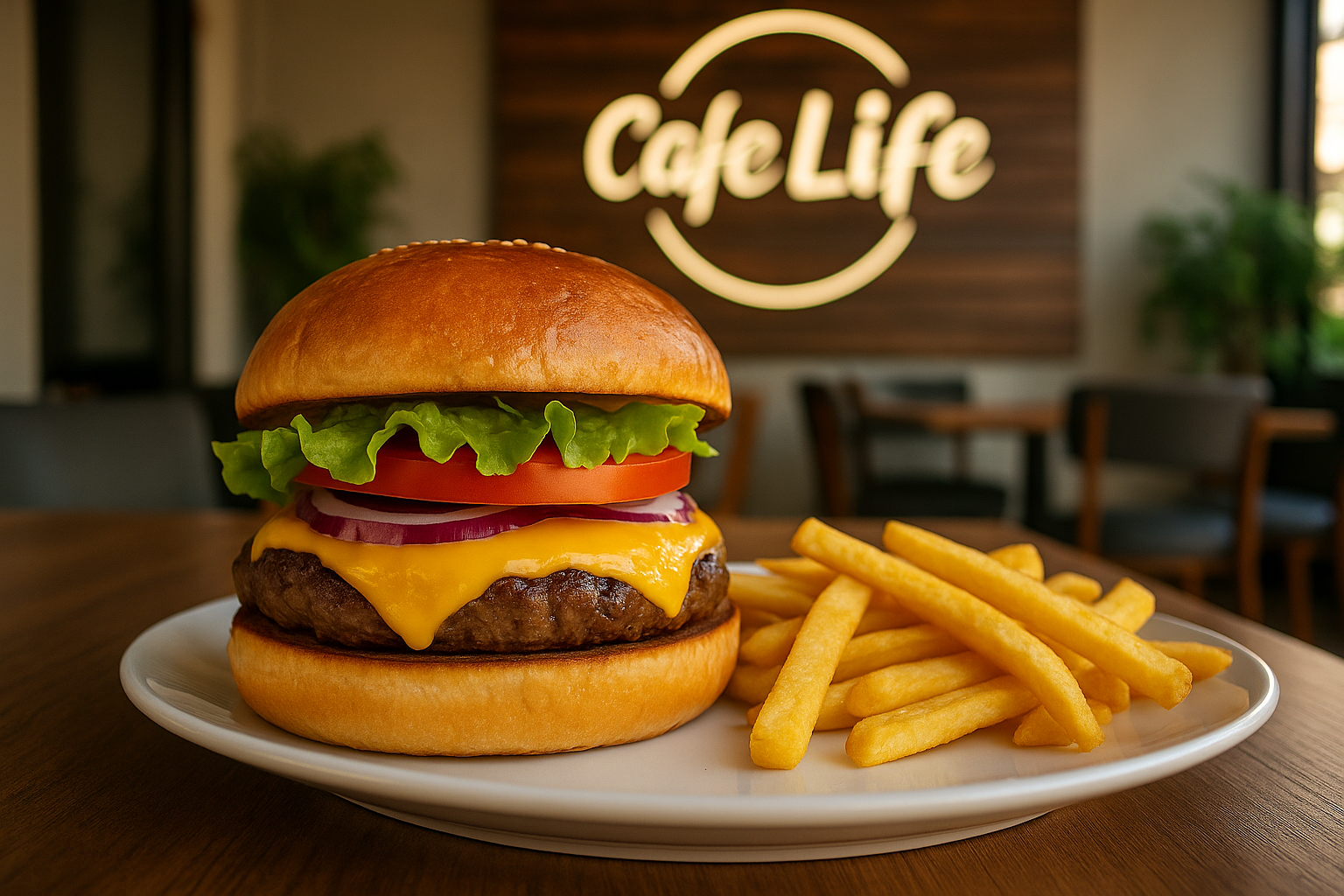 Cafe Life’ta klasik tarzda hazırlanmış hamburger, yanında çıtır patates kızartması ve içecekle birlikte sunulmuş.