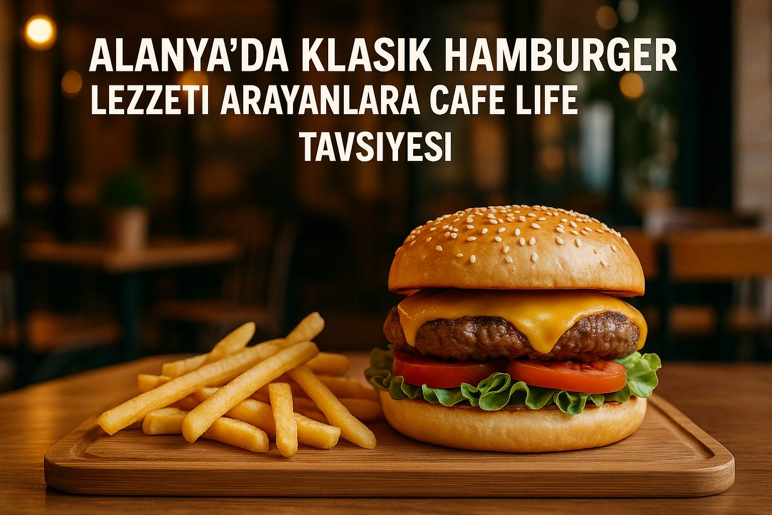 Susamlı ekmeği, kalın et köftesi ve marullarıyla klasik hamburger Cafe Life masasında yakın çekimde görüntülenmiş.
