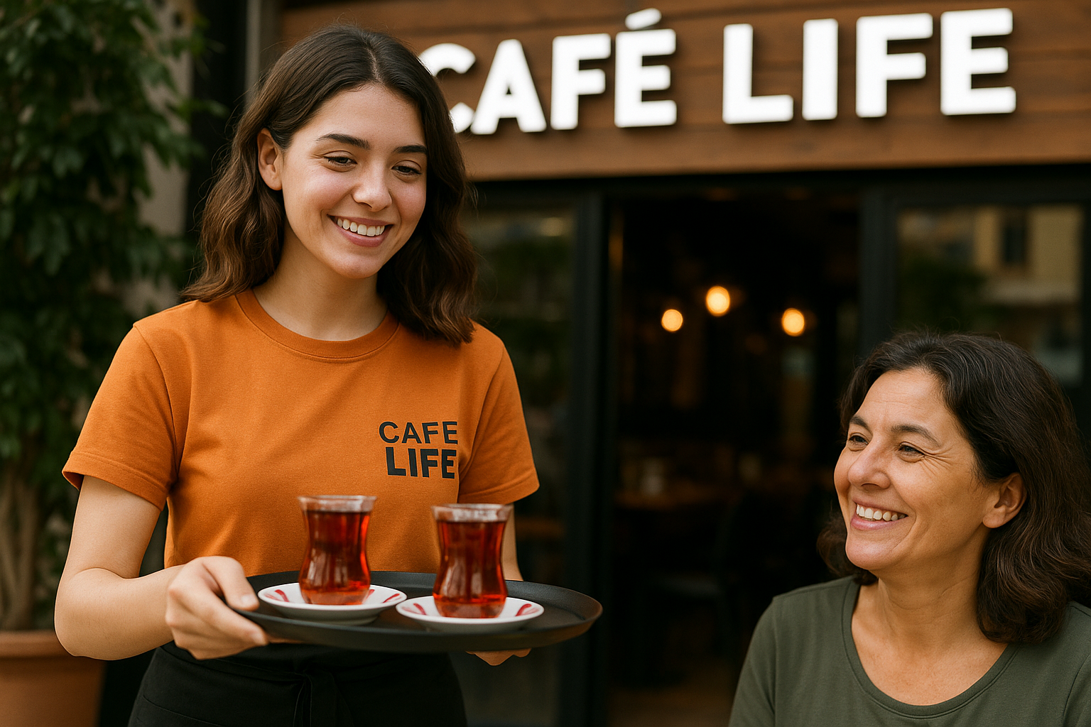 Cafe Life’ta ince belli bardakta servis edilen taze demlenmiş çay, güneş ışığında parlayan bir masa üstünde.