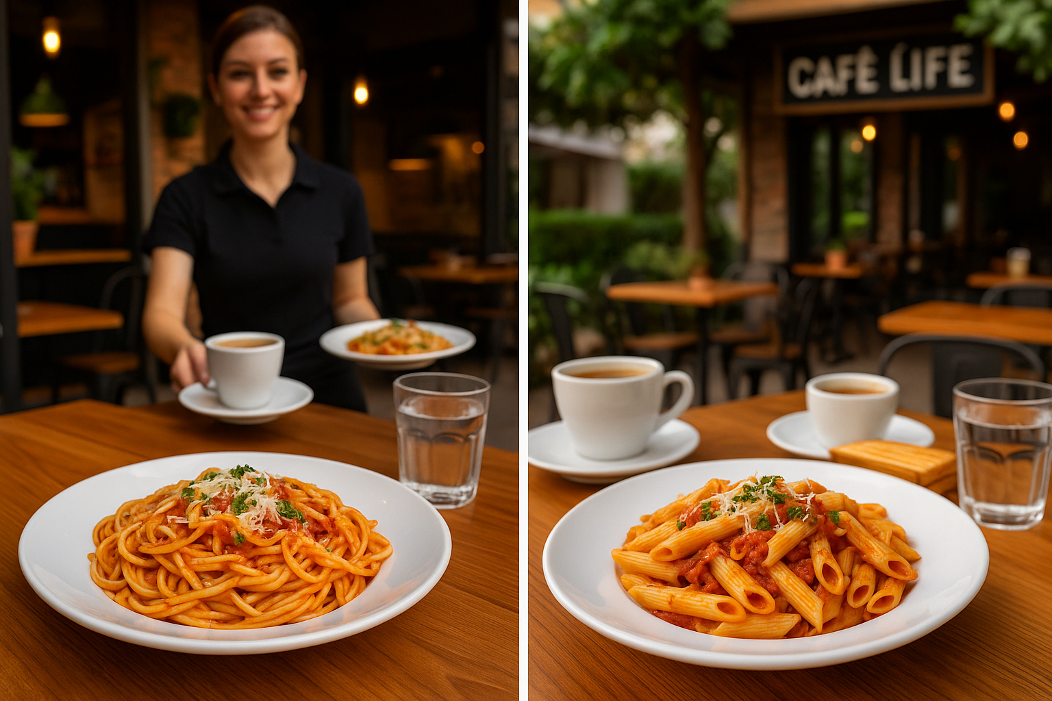 Cafe Life masasında servis edilen kremalı makarna, latte kahve ve tatlı tabağı birlikte görüntülenmiş.