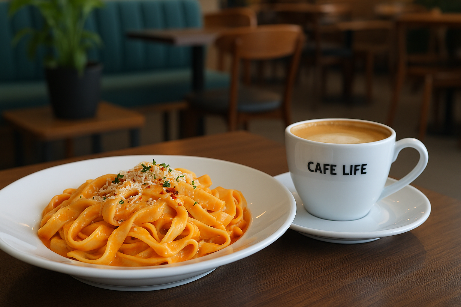 Alanya Cafe Life’ta geniş menüden seçilmiş makarna ve kahve ikilisi, ferah bir ortamda sunulmuş.