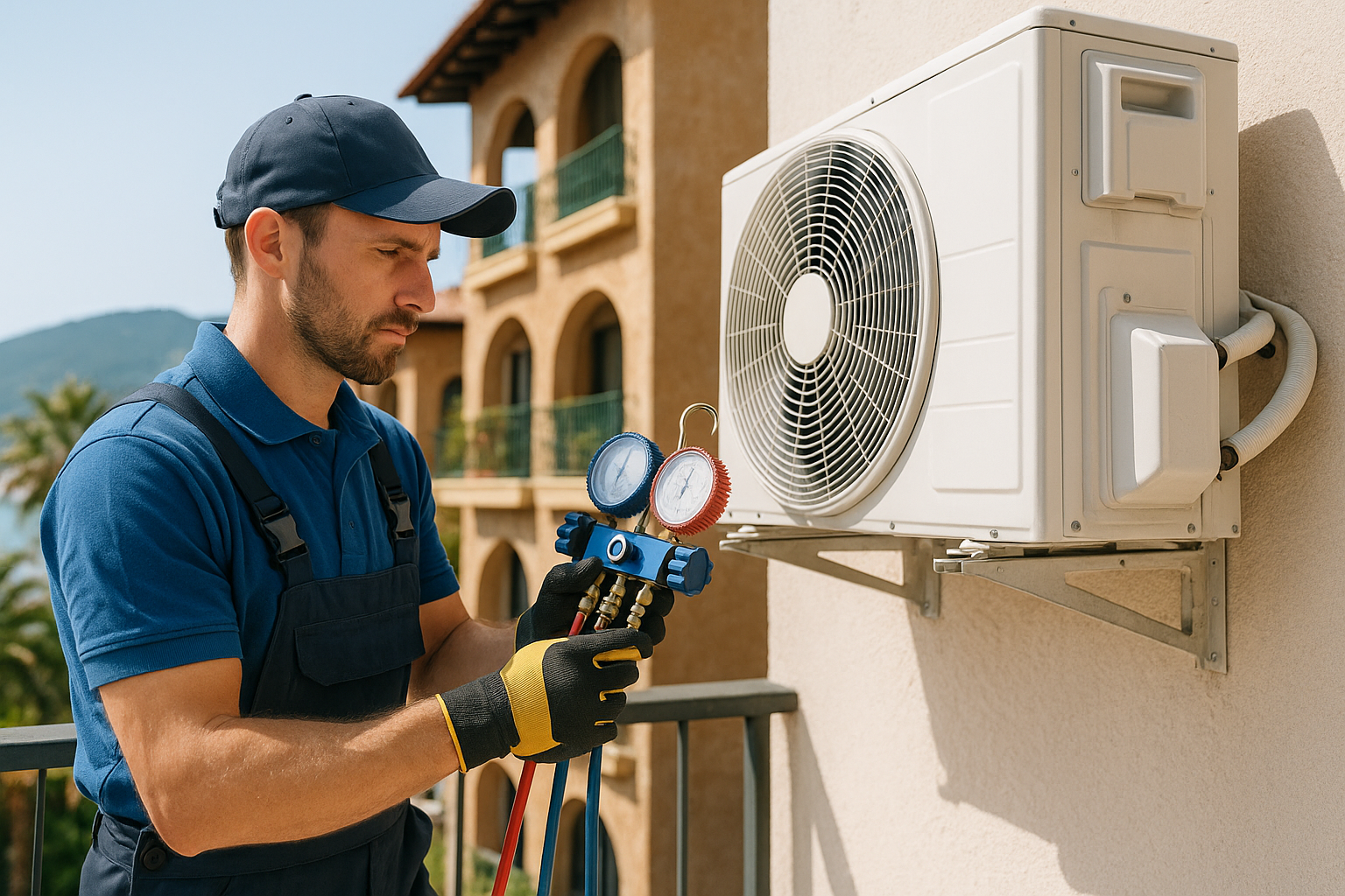 Teknik servis çalışanı, klima montajı sonrası kontrol işlemlerini yaparken yanında servis fiyat listesi bulunuyor.