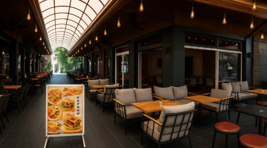 Cafe Life'ın açık oturma alanı, modern koltuklar ve ahşap masalarla dekore edilmiş ferah bir ortam.