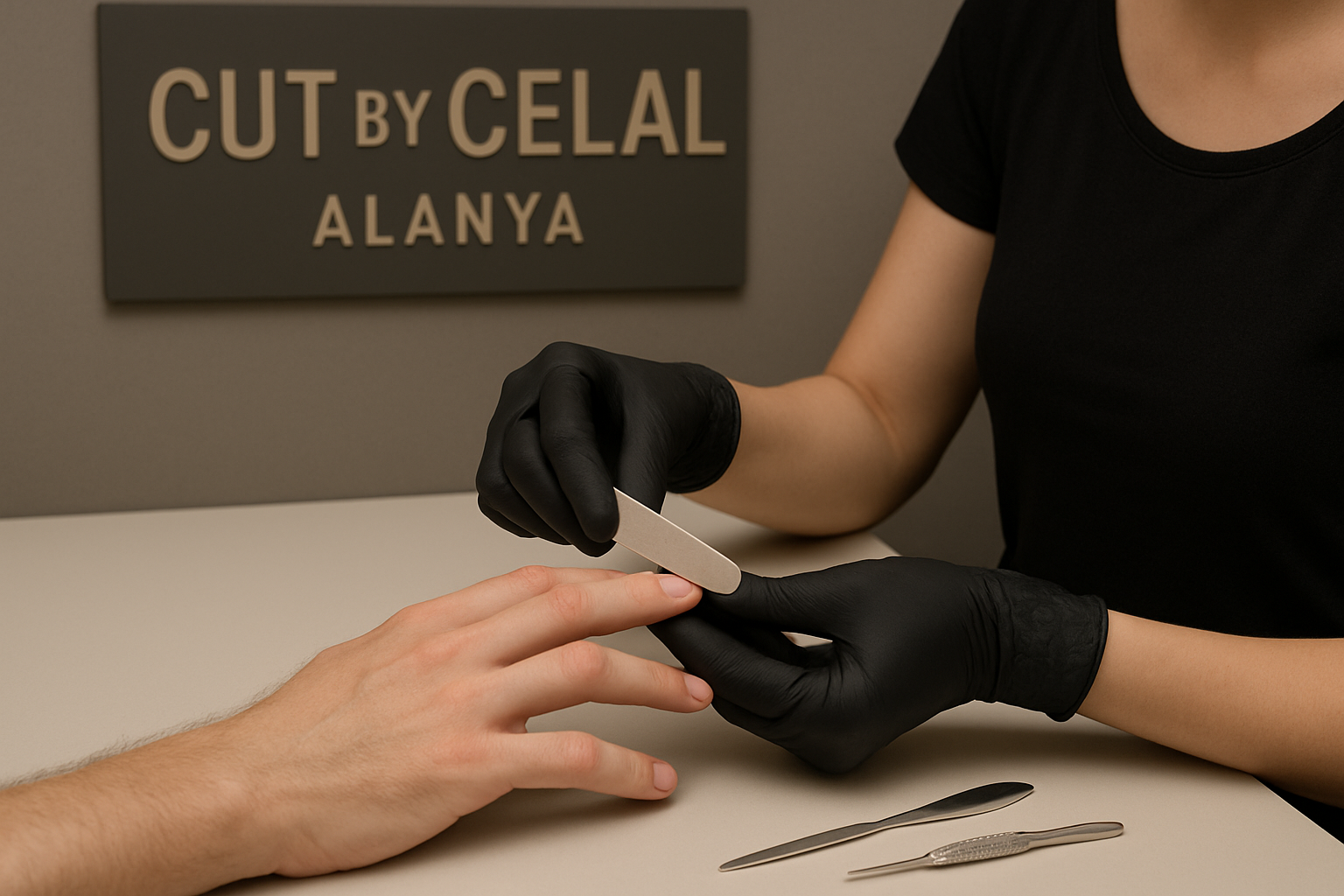 “Modern salon ortamında manikür masasındaki detaylar ve şık tırnak tasarımı örneği – Cut By Celal Alanya.”
