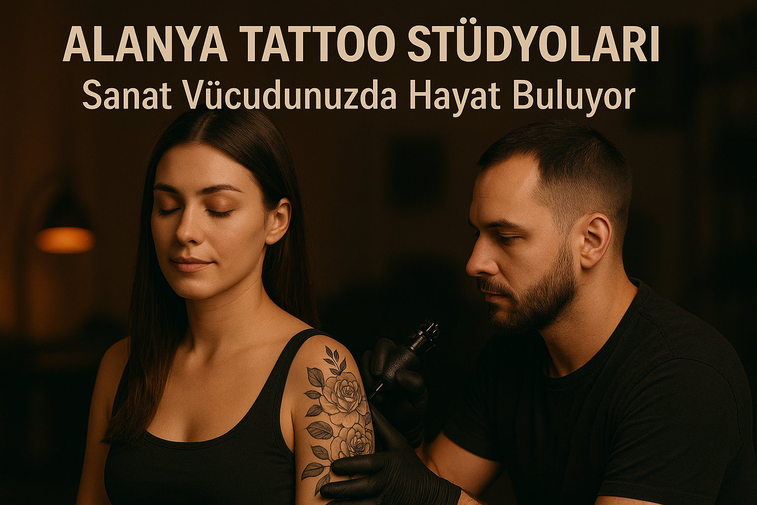 Alanya’daki dövme stüdyosunda sanatçının müşterinin koluna uyguladığı detaylı dövme tasarımı