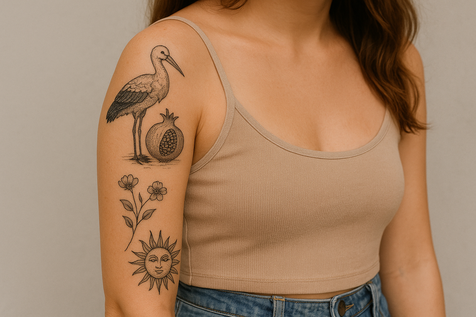 Alanya’daki modern dövme stüdyosunda renkli ve geometrik tattoo tasarımlarının sergilendiği bir an
