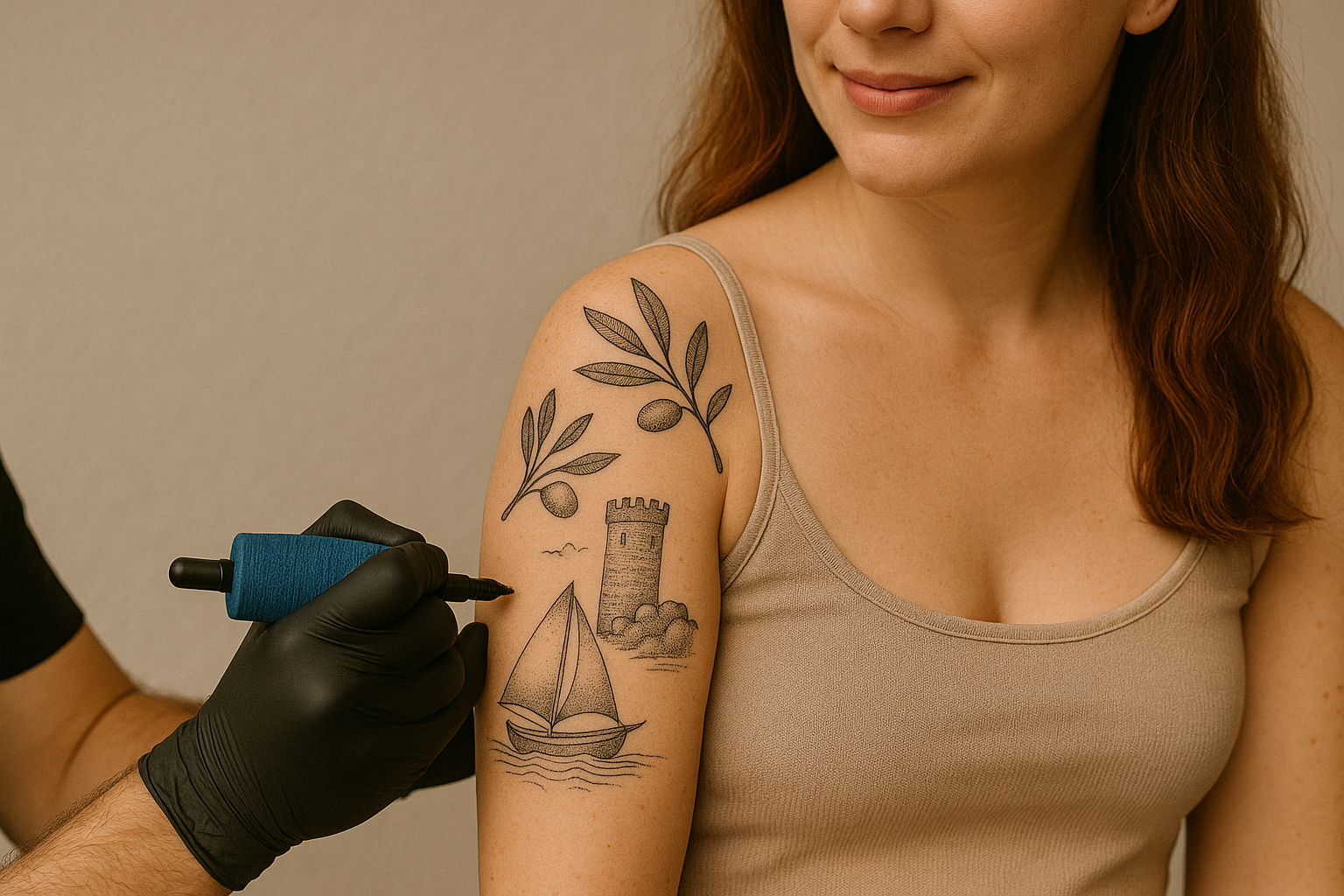 Alanya tattoo stüdyosunda müşteri koluna işlenen anlamlı dövme tasarımı ve steril uygulama ortamı