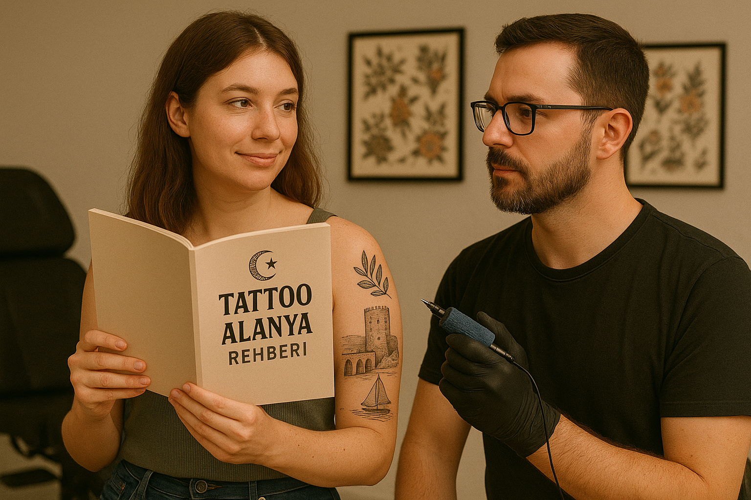 Alanya’da dövme yaptırmak isteyenler için profesyonel stüdyo ortamında sanatçının çalıştığı an
