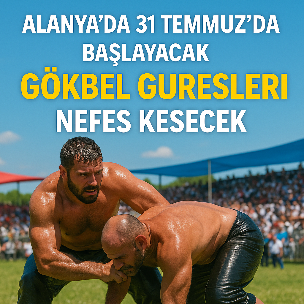 Gökbel Güreşleri öncesi Alanya’da kurulan etkinlik alanı, seyirci tribünleri ve pehlivanların ısınma anı