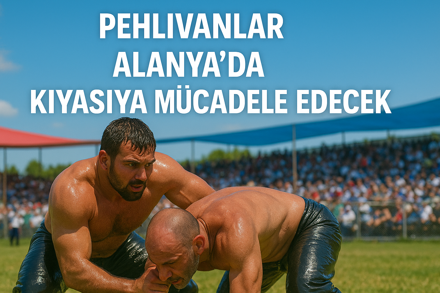 Gökbel Güreşleri’nde ata sporu olan yağlı güreşin yaşatıldığı çayırlık alan ve pehlivanların mücadele görüntüsü