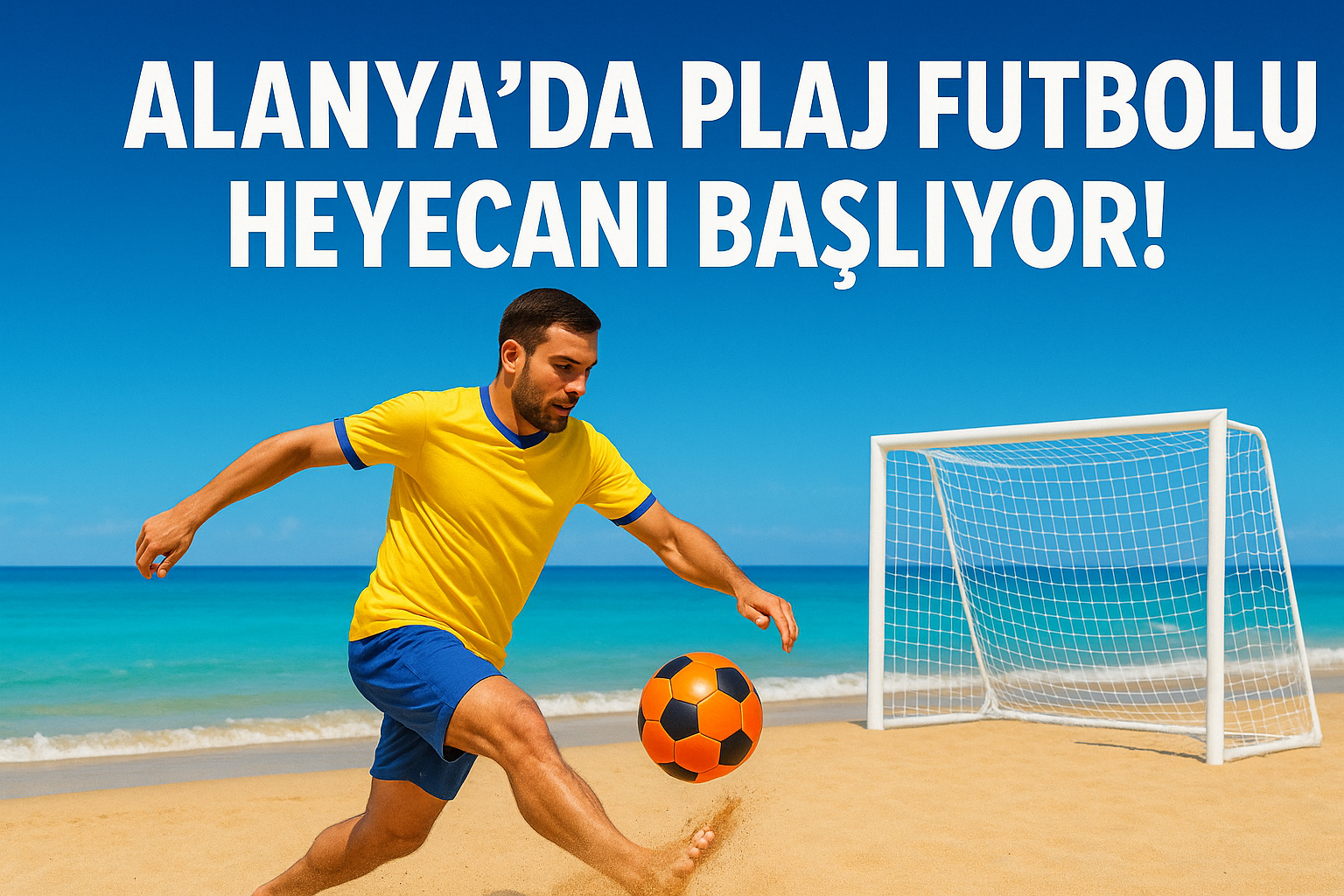 Alanya sahilinde düzenlenen plaj futbolu turnuvasında kumlar üzerinde oynayan sporcuların mücadele anı