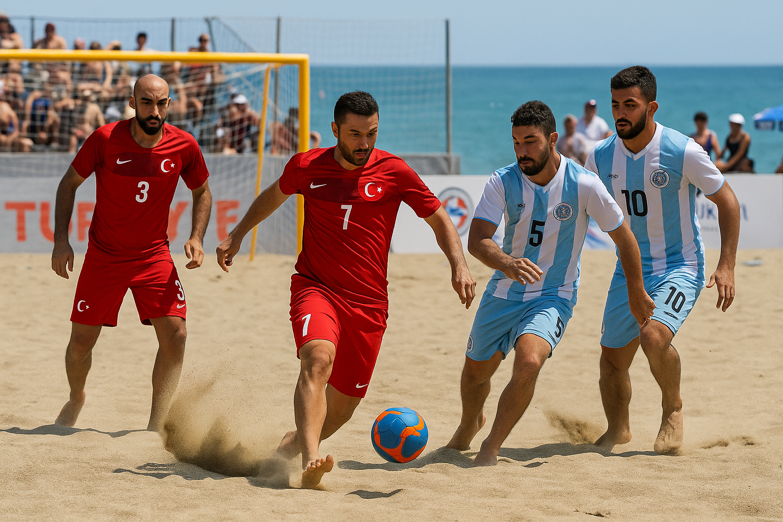 Alanya sahilinde kurulan plaj futbolu sahasında 2025 turnuva maçları sırasında topa vuran oyuncunun aksiyon anı