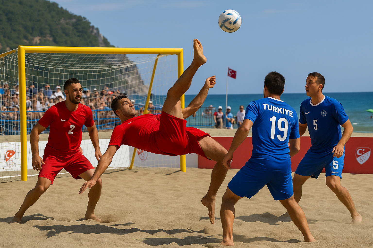 Türkiye Plaj Futbolu Ligi Alanya Etabı için kurulan tribünlerde seyirci coşkusu ve kumda oynayan sporcular