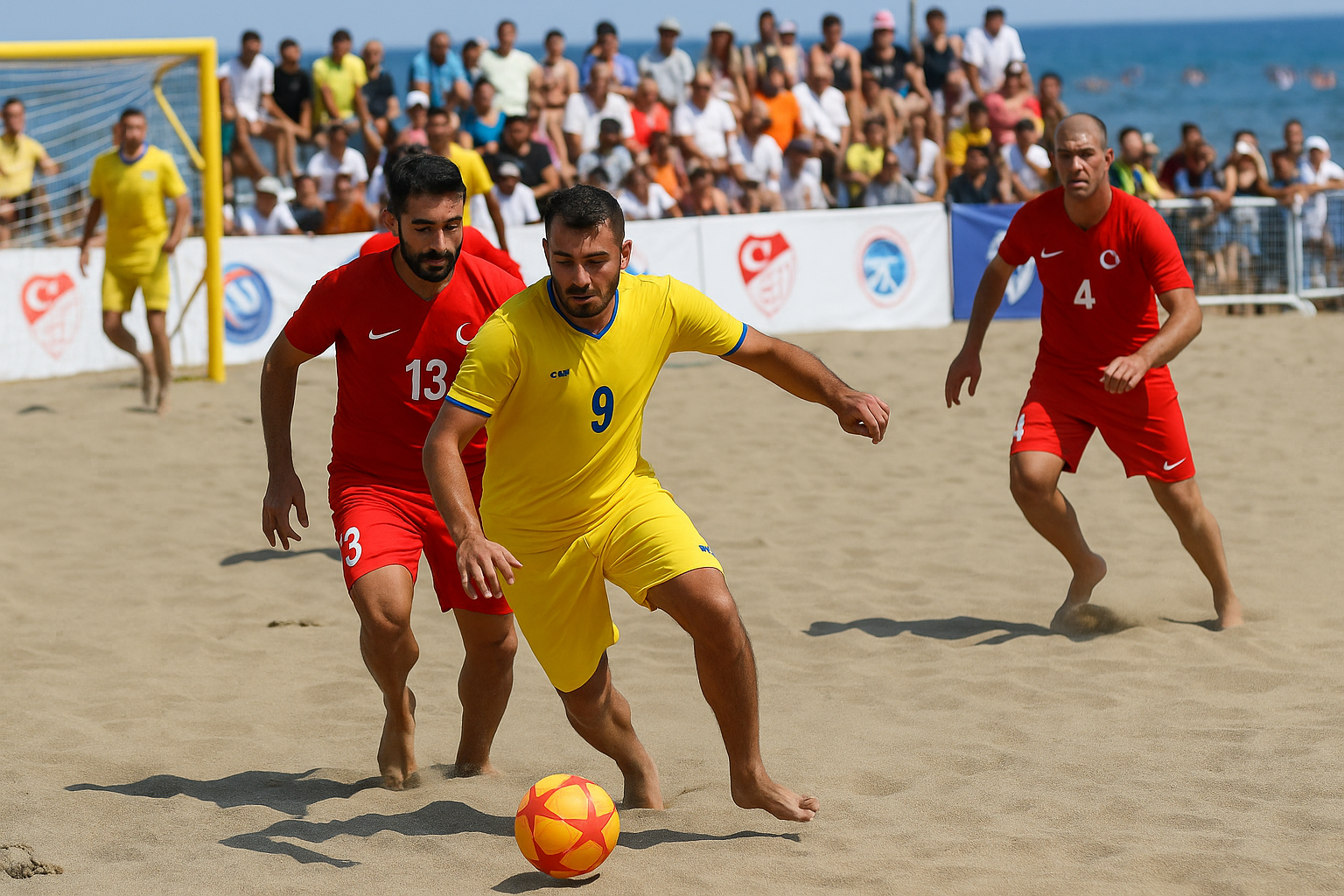 Alanya’da Türkiye Plaj Futbolu Etabı için kurulan kum sahada antrenman yapan futbolcular