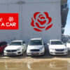 Roze Rent A Car ofisinde park edilmiş kiralık araçlar, ön planda sedan ve SUV modelleri