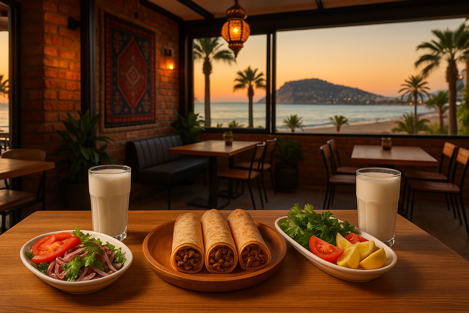 Alanya Tantuni Dünyası restoranının dış cephesi, giriş kapısında ışıklı tabela ve önünde oturan müşterilerle.