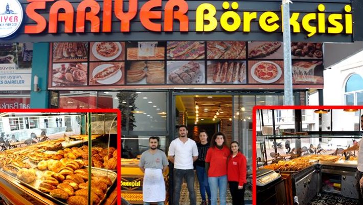 Alanya’da hizmet veren Tarihi Sarıyer Börek şubesinin dış cephesi ve vitrin görüntüsü