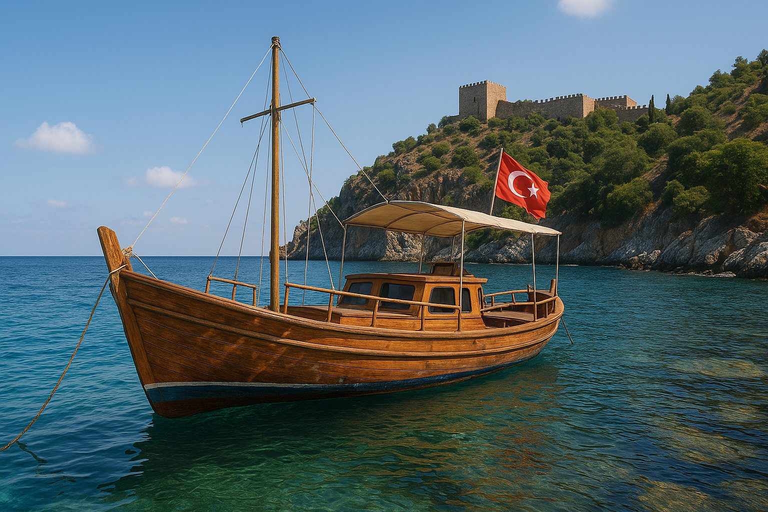 Alanya’da limana demirlenmiş, sahibinden satılık kelepir ahşap tekne, gün batımında görüntülenmiş.