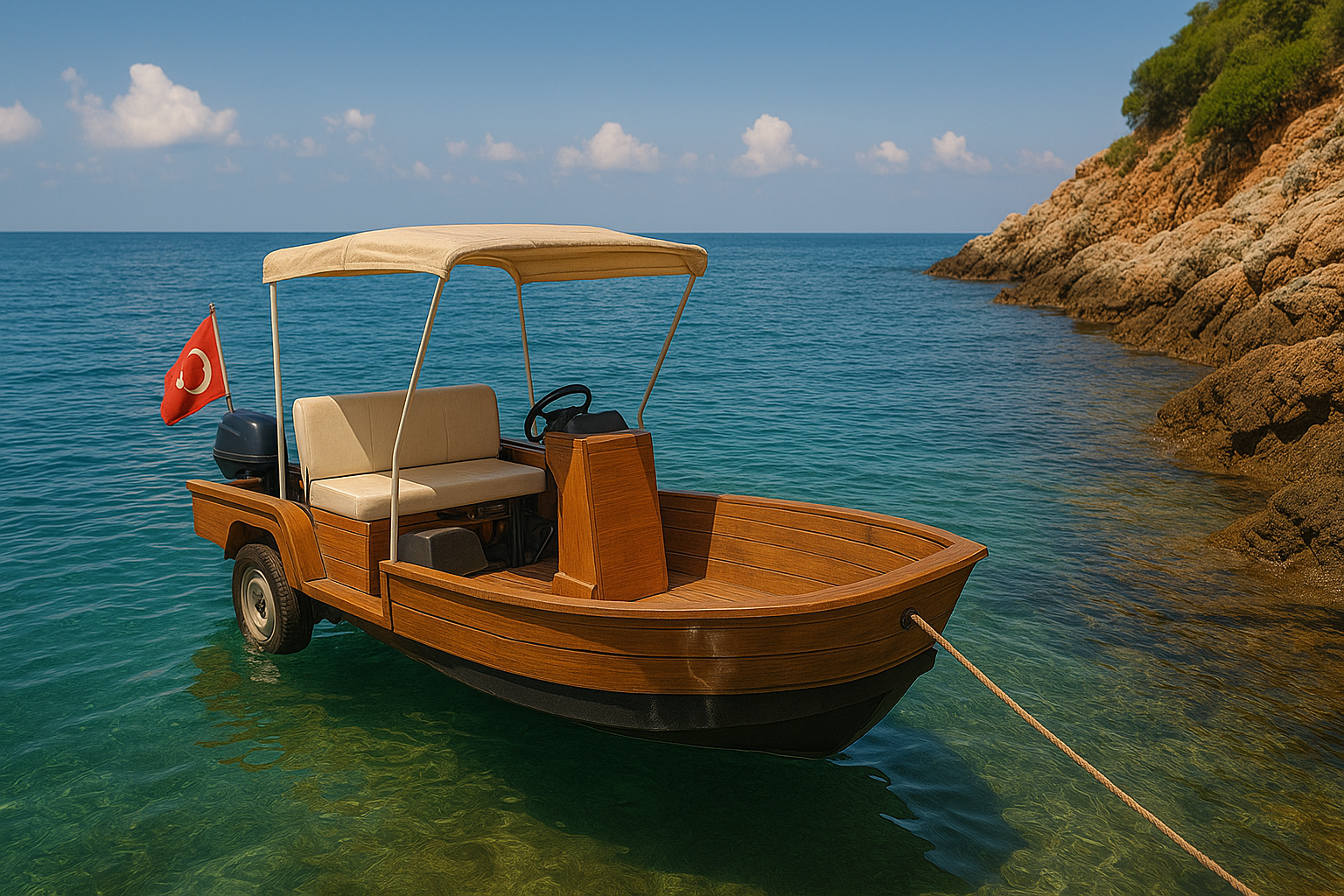 Alanya’da sahil kenarında park halinde bekleyen, sahibinden satılık kullanıma hazır patpat tekne.