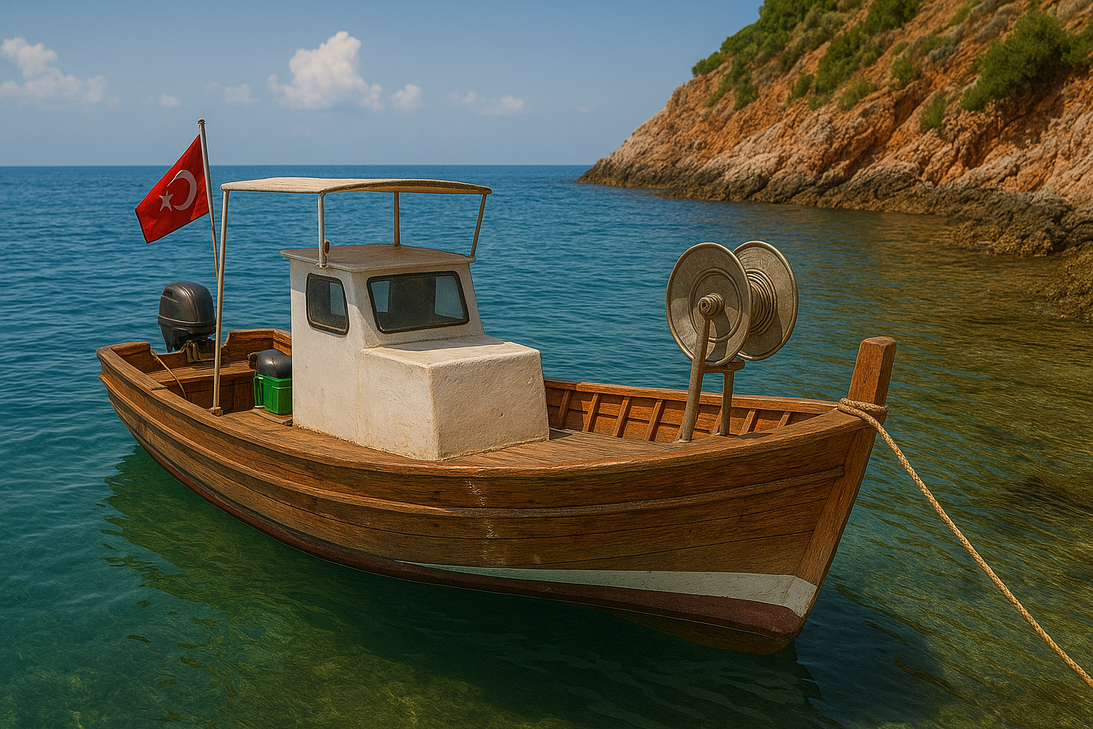 Alanya sahilinde bağlı, sahibinden satılık kelepir küçük balıkçı teknesi, sabah ışığında görüntülenmiş.