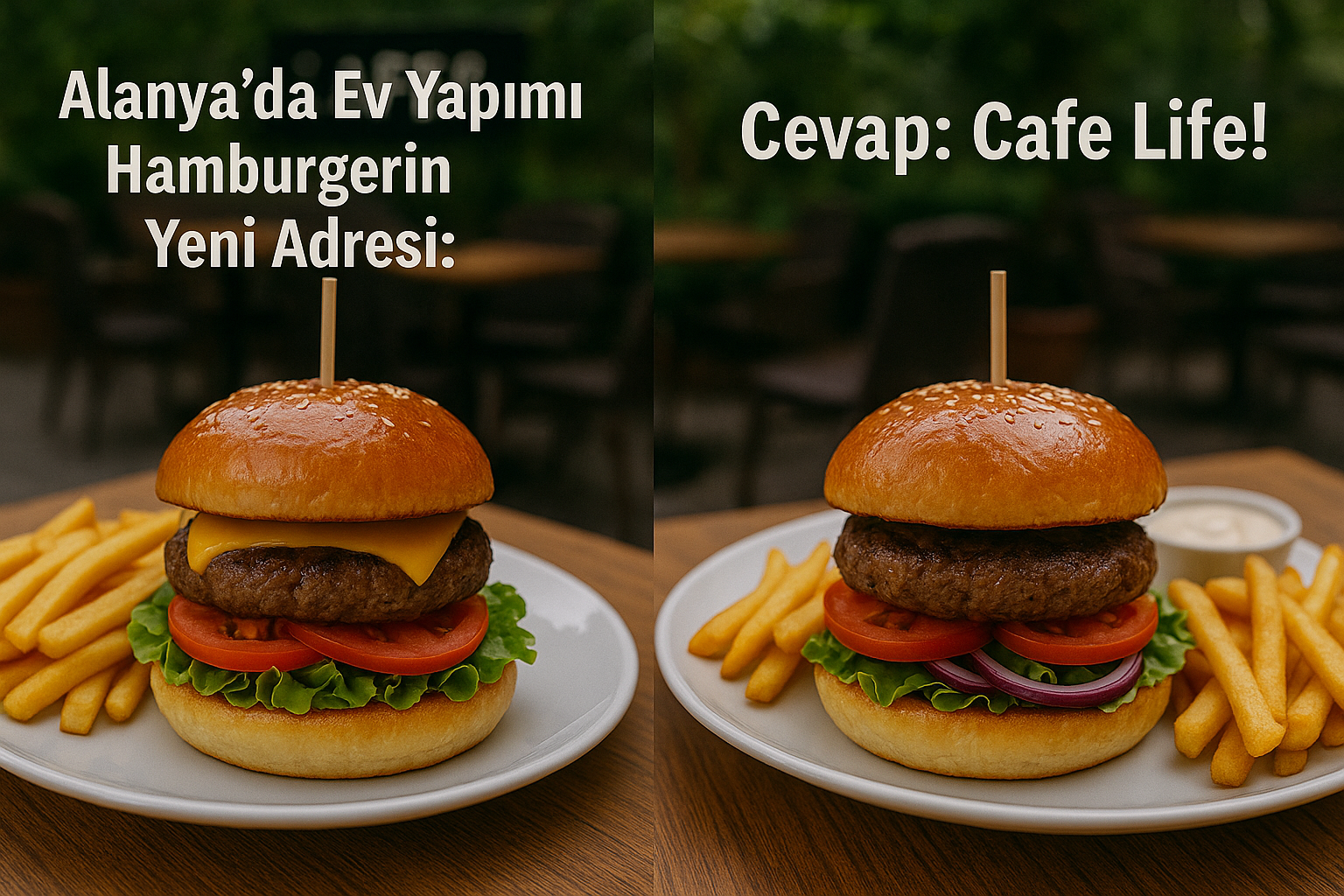 Şık sunumlu, bol malzemeli ev yapımı hamburger tabağı, ahşap servis tahtasında Cafe Life masasında yer alıyor.