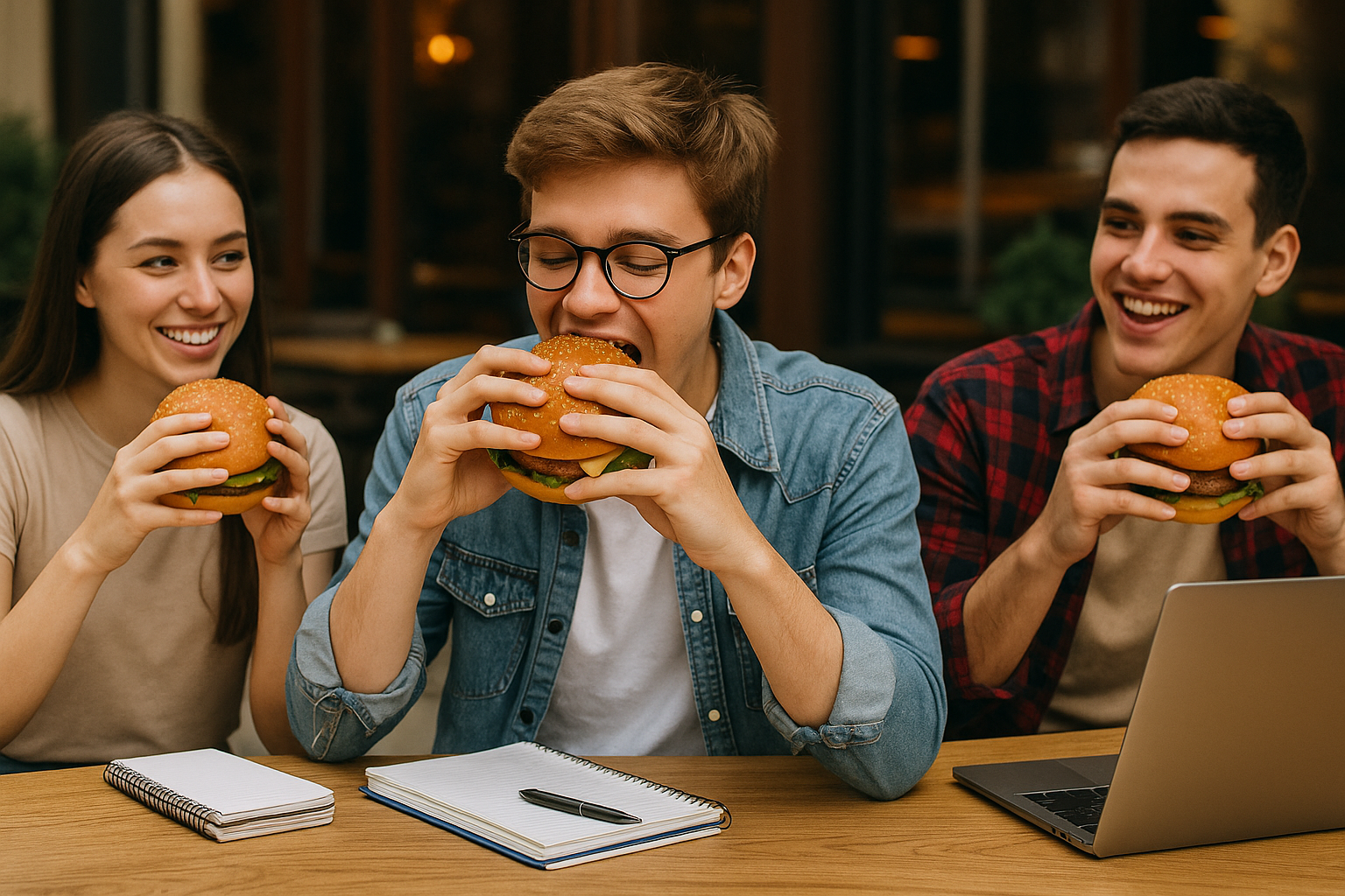 Cafe Life’ta öğrenciler için uygun fiyatlı sunulan hamburger menüsü; yanında patates ve içecekle birlikte servis edilmiş.