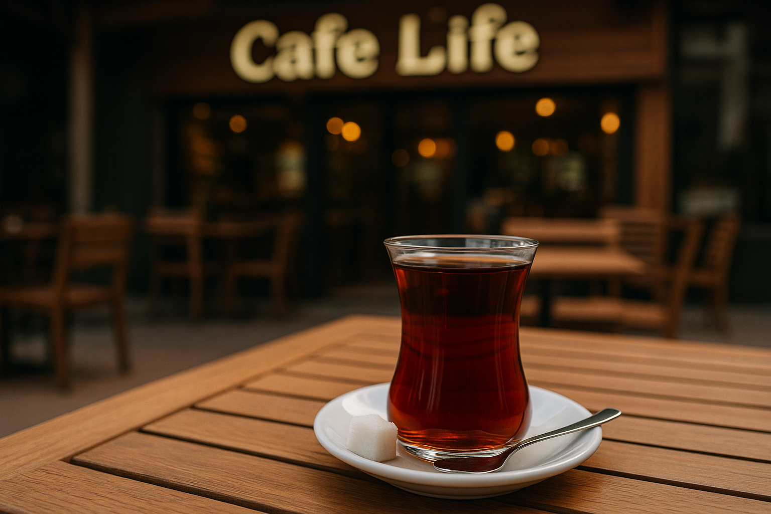 Akşamüstü ışığında Cafe Life masasında fincanla sunulan buharlı çay ve sade masa dekoru.