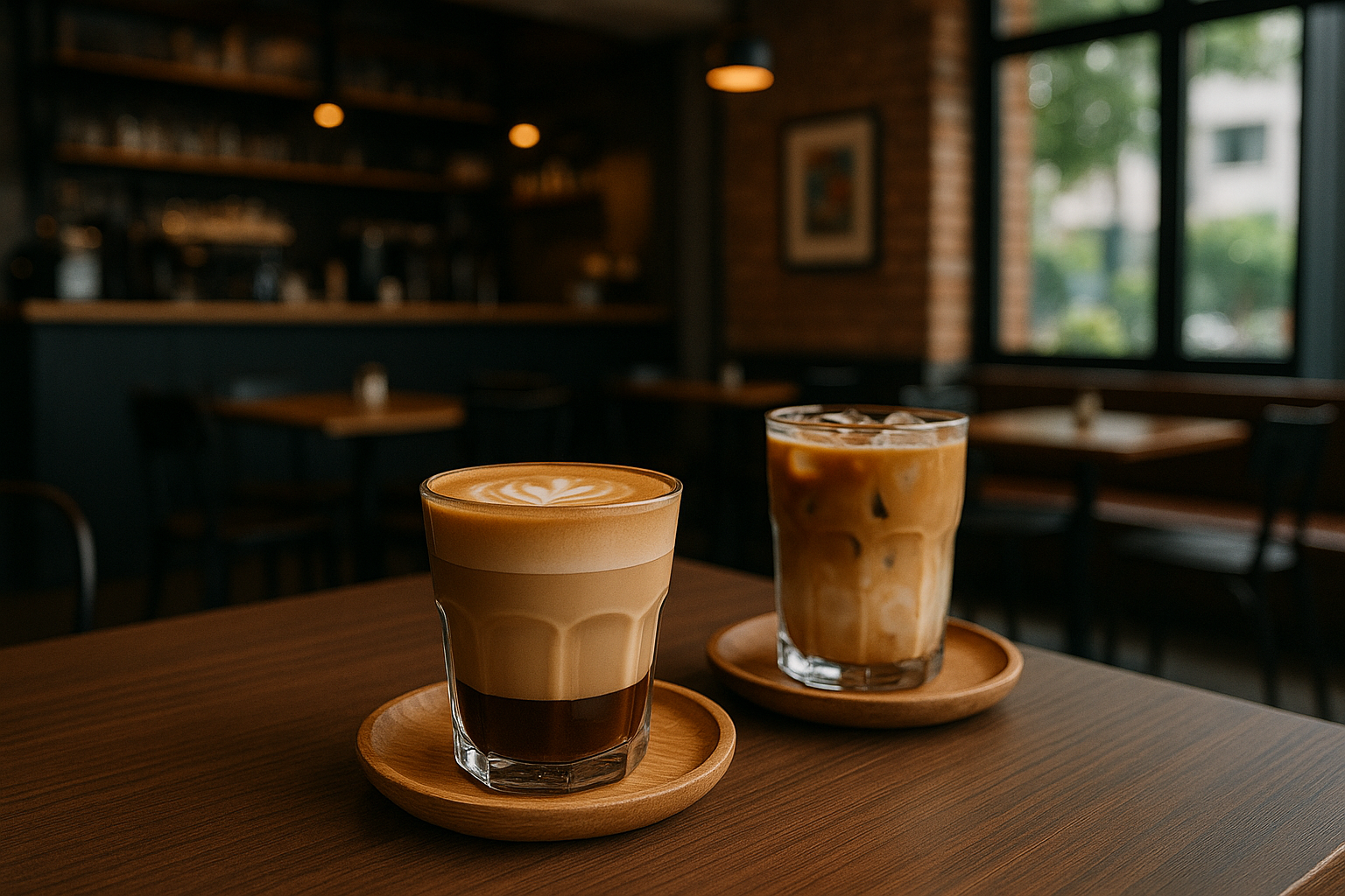 Cafe Life’ta yeni ve özel sunumla hazırlanmış latte art’lı kahve, yanında cam bardakta soğuk demleme kahve.