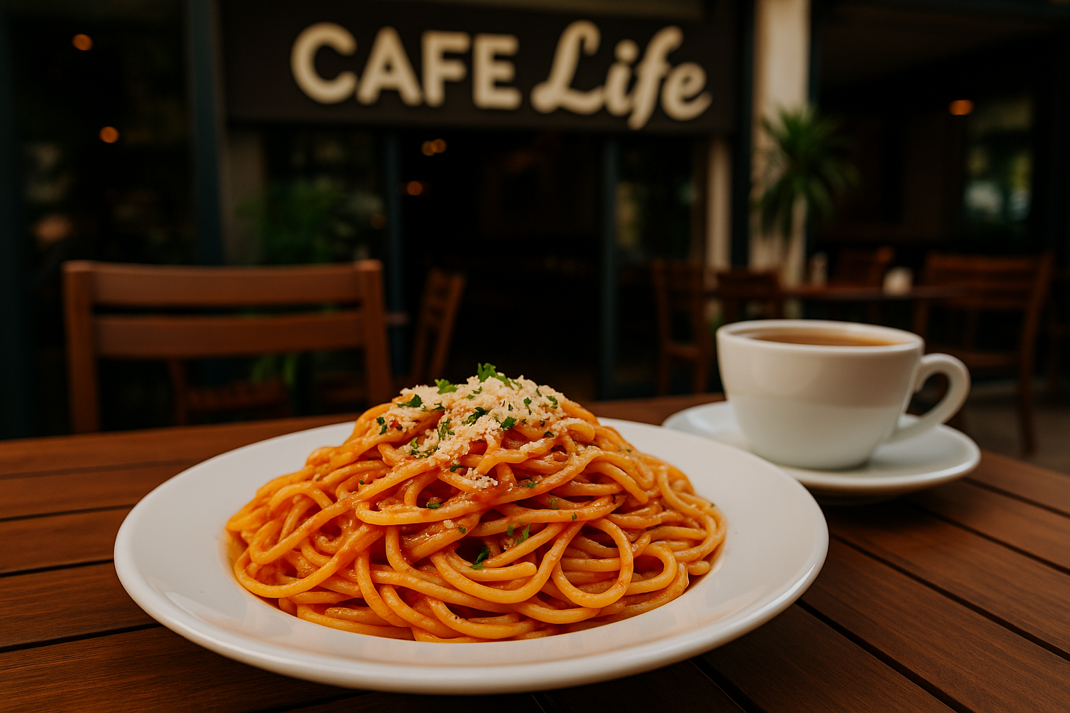 Cafe Life’ta uygun fiyatlı olarak servis edilen kremalı makarna tabağı, yanında sarımsaklı ekmekle birlikte.