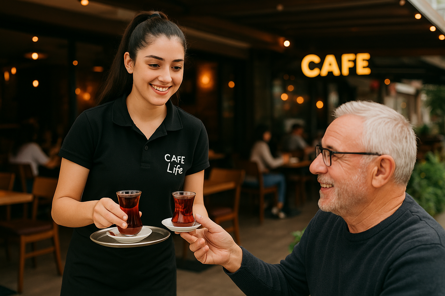 Alanya Cafe Life’ta sıcacık çay servisi yapan güler yüzlü çalışan, misafire çay uzatırken görüntülenmiş.