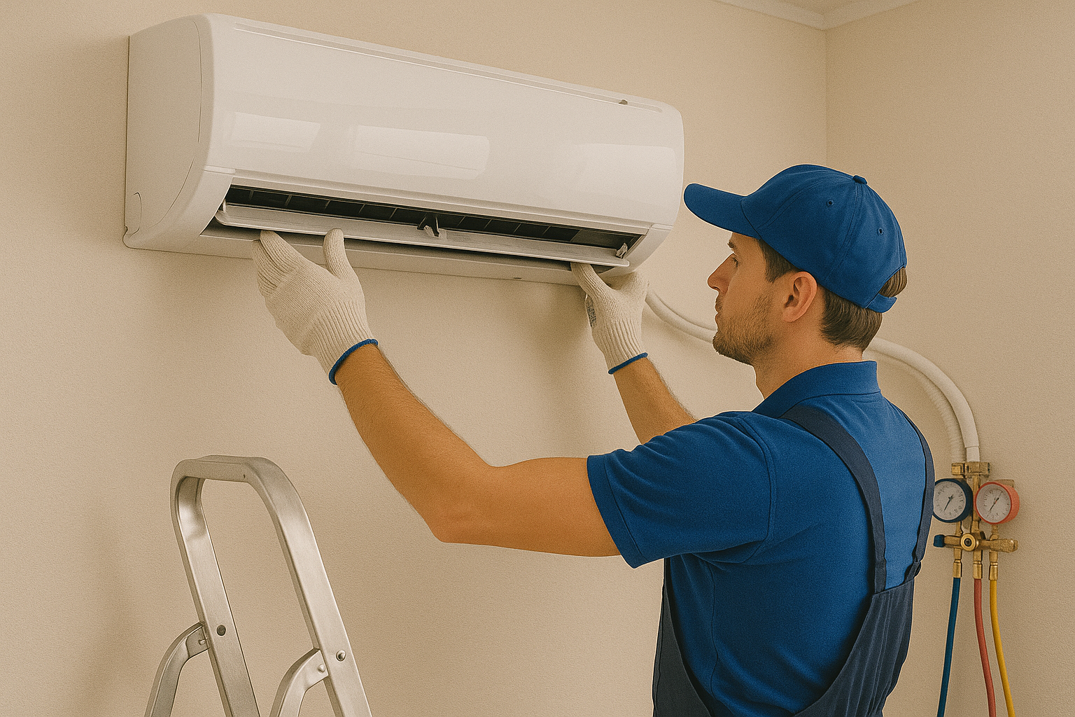 Klima montajı yapan bir teknisyen, Alanya’daki bir evin dış ünitesini duvara sabitliyor.