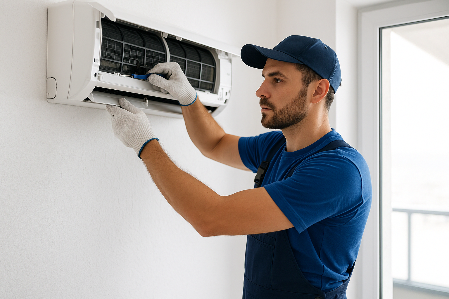 Klima arızası için Alanya’da acil servis hizmeti veren bir teknisyen, iç ünitenin elektrik bağlantılarını kontrol ediyor.