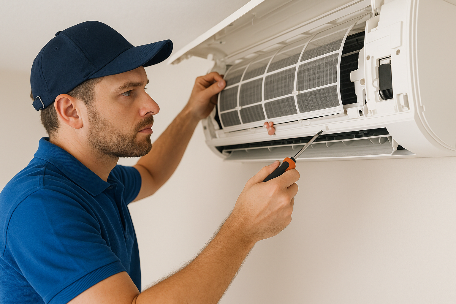 Klima bakımı hizmeti sırasında gaz basımı ve genel kontrol yapan teknik servis elemanı.