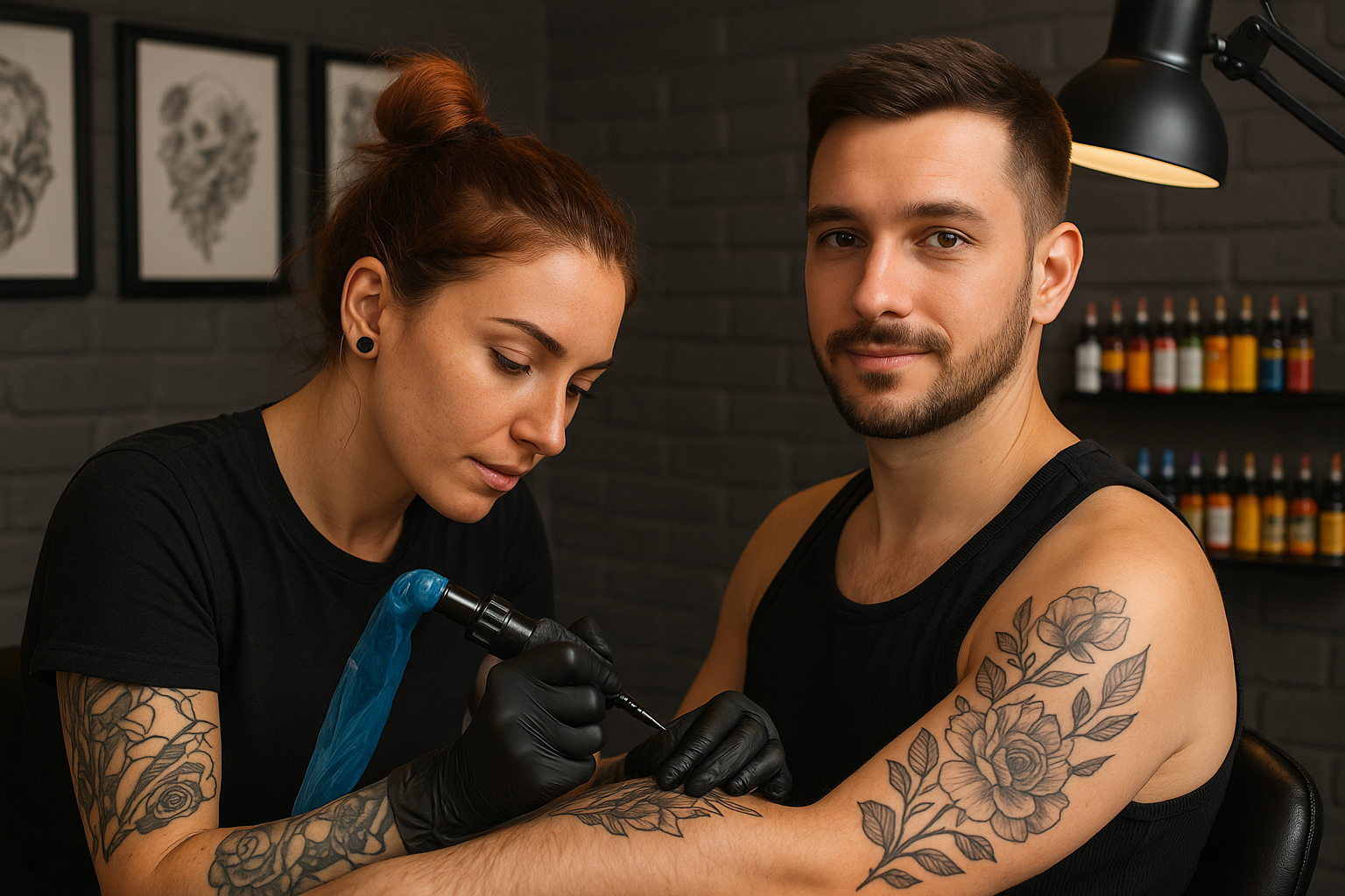 Alanya’da profesyonel dövme sanatçısının detaylı bir tattoo çalışması yaparken çekilmiş yakın plan görüntüsü