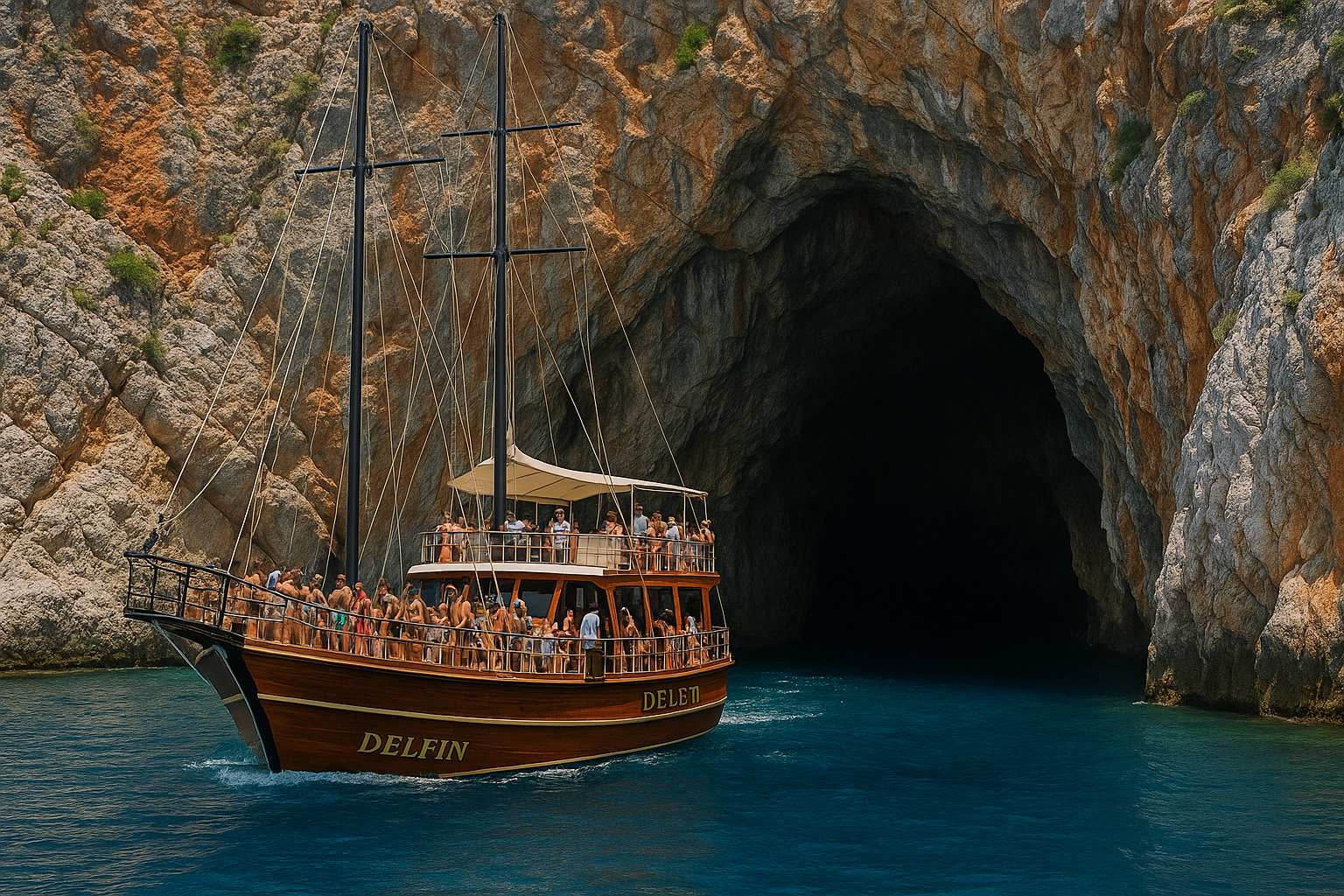 Alanya’nın Korsan Mağaraları ve Kleopatra Plajı’nı Delfin Tekne Turu ile keşfedin! Mavi yolculuk ve eğlence Best of Alanya’da sizi bekliyor.