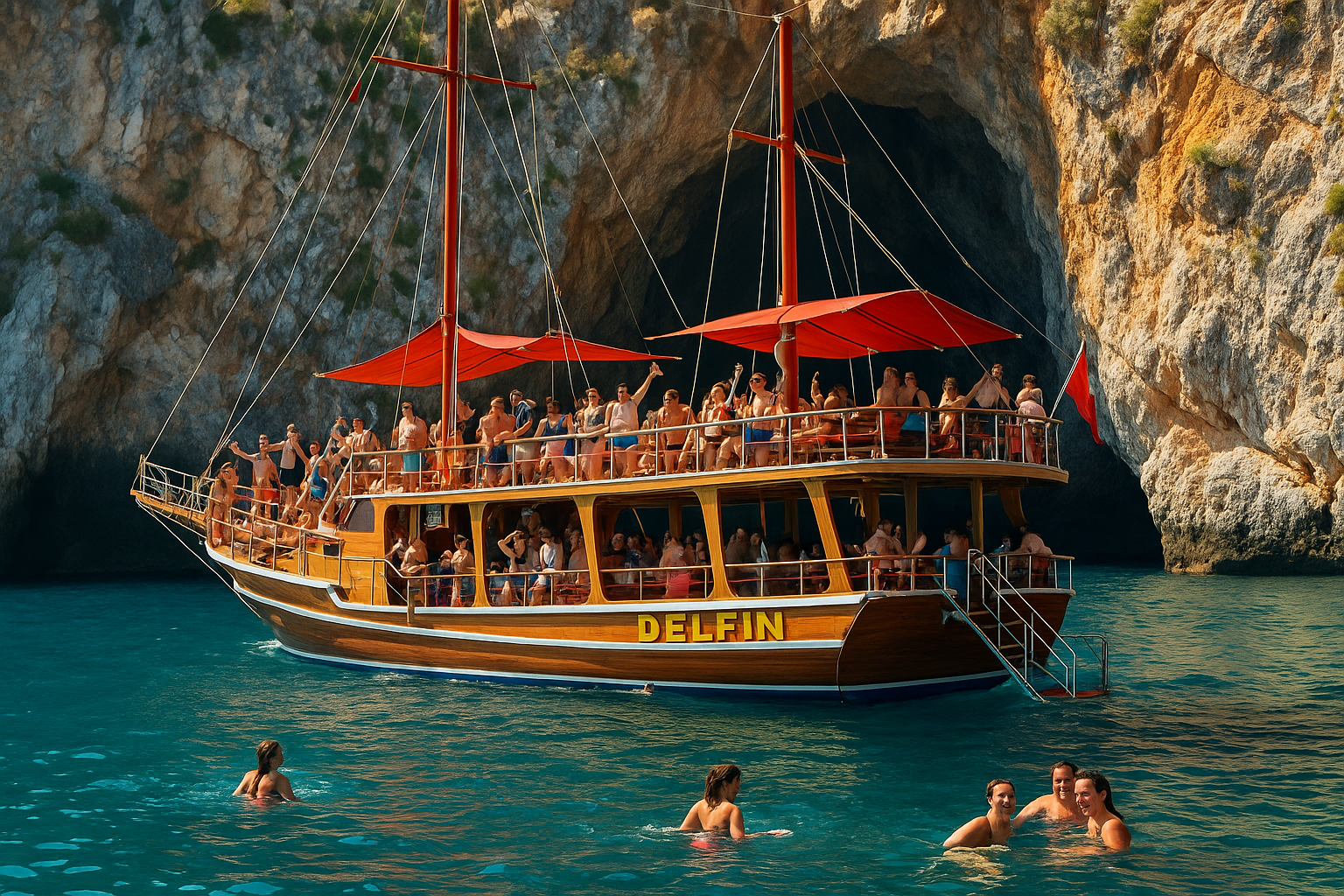 Alanya’da yüzme molaları, müzik ve lezzet dolu bir gün için Delfin Tekne Turu sizi bekliyor! Detaylar ve rezervasyon Best of Alanya’da!