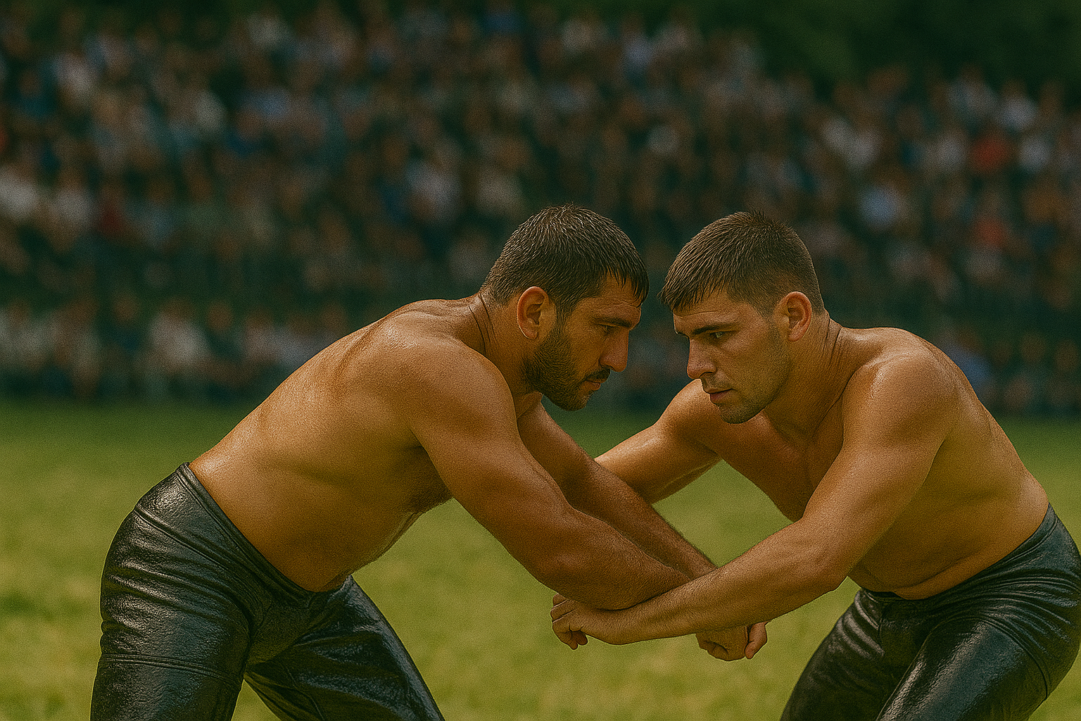Gökbel Yaylası’nda çayıra çıkmaya hazırlanan yağlı güreşçiler ve kalabalık seyirci topluluğu
