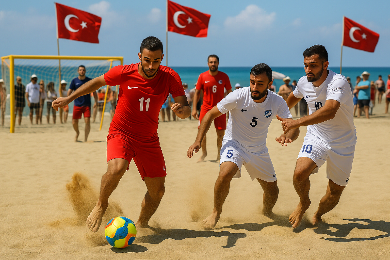 2025 Türkiye Plaj Futbolu Ligi Alanya Etabı’nda kum sahada mücadele eden takımlar ve seyircilerden oluşan bir aksiyon görüntüsü