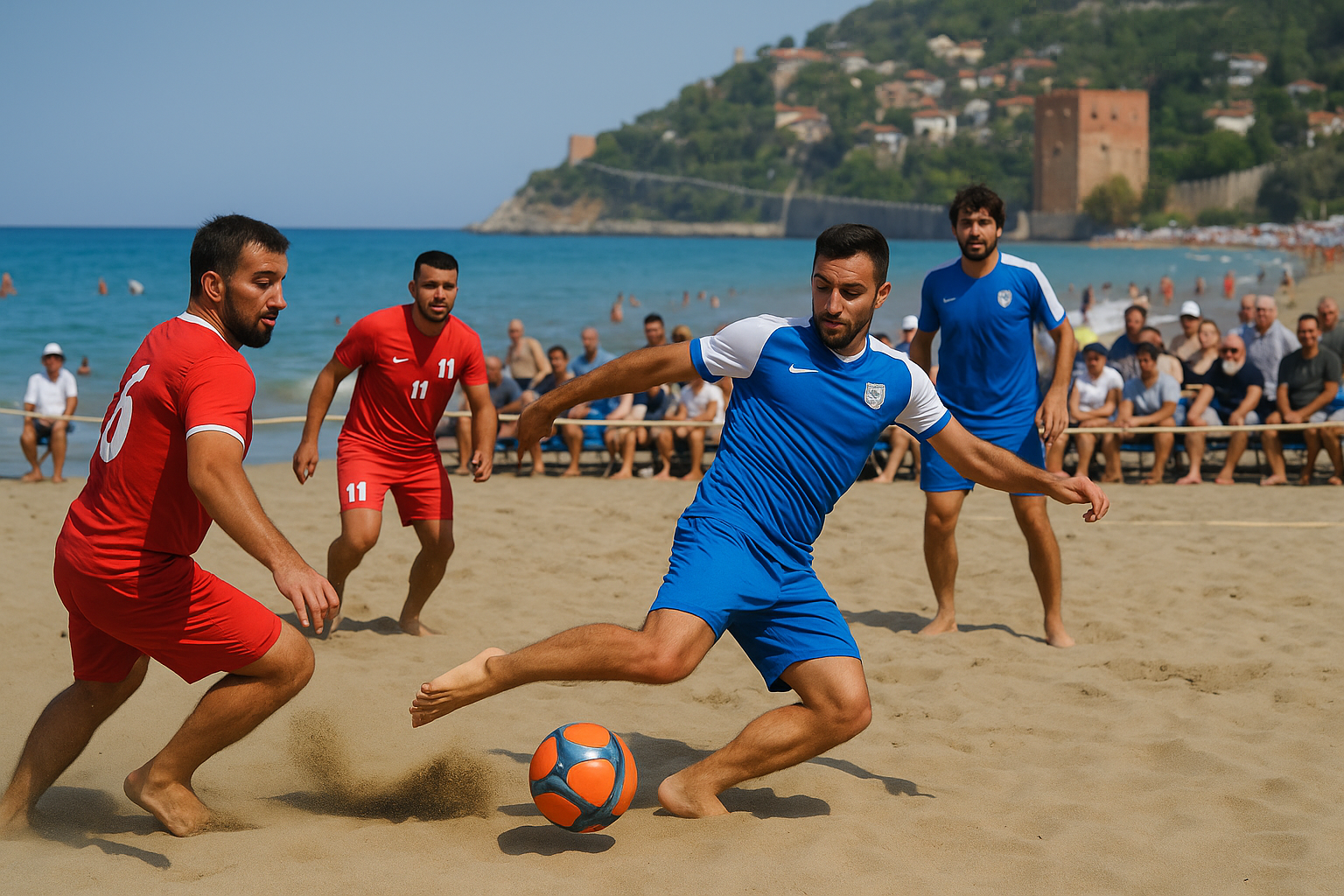 Alanya sahilinde 23-26 Ağustos 2025 tarihleri arasında düzenlenecek plaj futbolu maçları için hazırlanan kum saha ve takımların antrenman görüntüsü
