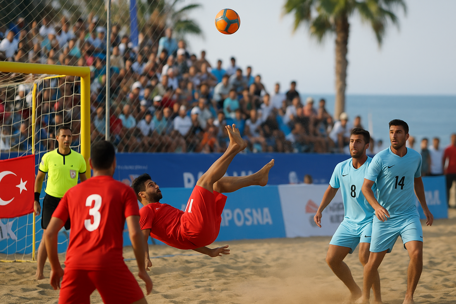 Alanya sahilinde plaj futbolu turnuvası öncesi hazırlanan tribünler ve etkinlik alanı